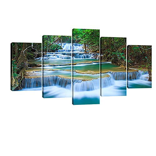 Wieco Art Peaceful Waterfall Canvas Prints Wall Art Green Trees Pictures Paintings for Living Room Bedroom Home Decorations Modern 5 Piece Stretched and Framed Forest Landscape Giclee Artwork - size: 10x16inchx2pcs,10x20inchx2pcs,10x24inchx1pc