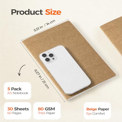 5 Pack Blank Kraft Notebooks A5, Unlined Composition Journals, 80gsm Paper, 60 Pages, 8.3x5.5 Inches, Softcover Sketch Writing Notebooks for School Office Artists Students