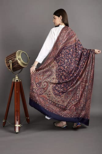 Exotic India Reversible Jamawar Shawl with Woven Paisleys - Wool - color: Medieval Blue