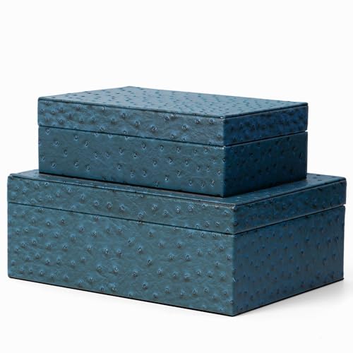 Decorative Storage Boxes Set of 2 Faux Ostrich Leather Decorative Boxes with Lids Large Nesting Jewelry Boxes, Photo Memory Box Modern Home Decor