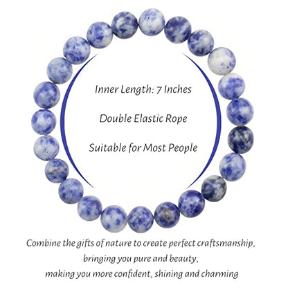 Natural Gemstones Bracelet 8mm Chakra Round Beads Energy Power Crystal Reiki Healing Elastic Stretch 7 Inch for Women Men Unisex - color: Blue Dot