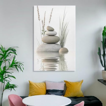 Zen Stone Canvas Wall Art Stacked Stones in Water Poster Tranquil Wild Grass Painting Picture for Spa Yoga Meditation Room Bathroom Wall Decor Unframe-style 16x24inch(40x60cm)