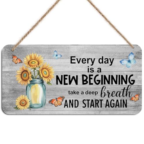 Sunflower Butterfly Wooden Wall Art - Every Day Is A New Beginning, Motivational Decorative Signs Inspirational Hanging Plaque for Home Office Farmhouse, Housewarming Gift Rustic Spring Wall Decor - color: deep breath 0706