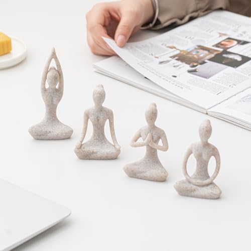 OwMell Lot of 4 Meditation Yoga Pose Statue Figurine Ceramic Yoga Figure Set Decor - Stone - color: Stone