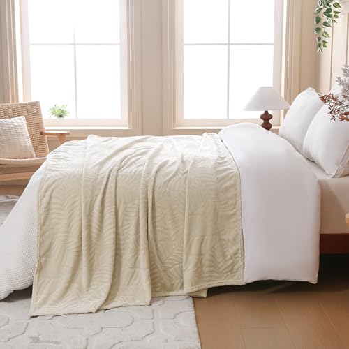 Super Soft Flannel Fleece Throw Blanket, Lightweight Cozy Warm Leaves Textured Plush Blanket for Bed Couch Sofa, 60 x 80 Inches, Linen - color: Linen, size: 60x80 IN