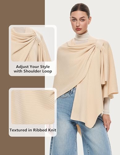 PULI Womens Elegant Cross Front Shawl Wraps Knitted Ponchos Cape Light Weight Poncho Sweater Soft Warm Travel Wraps - color: Rib-beige