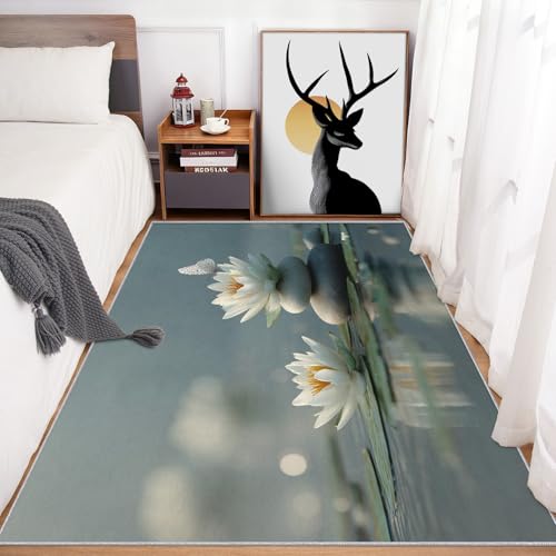 3x5 Washable Nature Meditation Area Rugs for Living Room, Zen Stone Rug for Bedroom, White Lotus Home Decor, Non Slip Low Pile Soft Thin Indoor Carpet D&T55