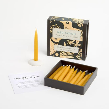 Signature Collection - Meditation Candle Set (Folk) by Cotton & Grey - 12 Pure Beeswax Twenty Minute Candles with Ceramic Holder for Meditation, Relaxation and Mindfulness
