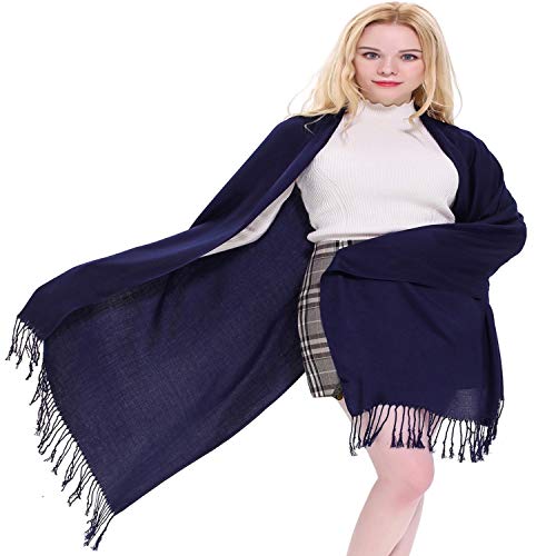 CJ Apparel Solid Color Tassels Design Nepalese Shawl Scarf Wrap Stole Throw Head Wrap Pashmina Gift Hand Made in Nepal New - color: Dark Blue