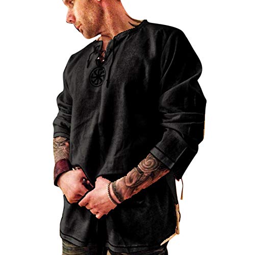 Men's Fashion Cotton Linen Shirt Long Sleeve Solid Color Ethnic Beach Yoga Top - color: Black, size: Medium