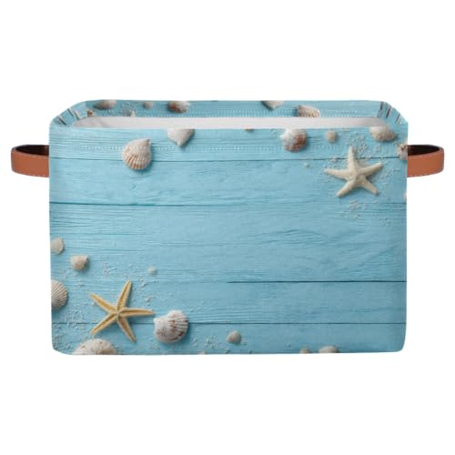 Pardick Storage Baskets Bin, Summer Wood Seashell Starfish Collapsible Canvas Fabric Storage Bin Decorative Baskets Toy Organizer Rectangle Storage Boxes with handles for Home Shelves Nursery,A-6 - color: D-06