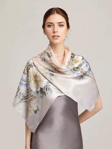 100% Mulberry Silk Long Scarf for Women Large Shawls for Headscarf and Neck- Oblong Hair Wraps with Gift Packed - color: Floral-pale Yellow