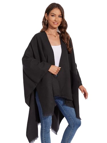 Shawl Wraps for Women, Elegant Knitted Cape Open Front Poncho Scarf Blanket Cardigan Coat for Autumn and Winter - color: Black