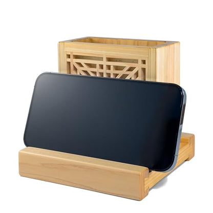 Handmade Hinoki Wood Desk Decor, Japanese Zen Wooden Pen Holder, Handcrafted Office Art, Kumiko Art (White) - color: White