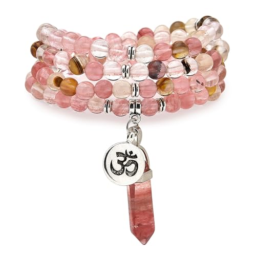 Natural Japa Mala 108 Beads Bracelet Necklace Meditation Accessories with om Chram and Reiki Quartz Hexagonal Prism Pendant - style: Watermelon Tourmaline