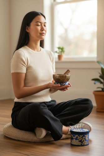 4.5 inch Handmade Tiger Antic Singing Bowl Set - Includes Wooden Mallet, Cushion & Gift Case - Handmade Sound Healing Bowl Set for Yoga, Mindfulness & Spring Meditation - Made in Nepal