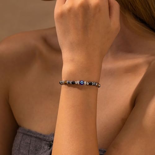 Triple Threat Protection Bracelet for Women,Evil Eye Natural Healing Crystal Beaded Bracelet for Protection - style: Evil Eye Bracelet
