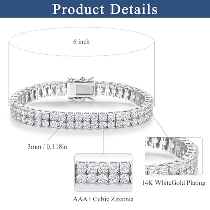 2 Rows Tennis Bracelets for Women Men - 18K Yellow Gold Plated 3mm Round Cut Cubic Zirconia Classic Tennis Bracelet, Size 6.5-8.5 Inch - color: White Gold - 2 Rows, size: 6.5 inch