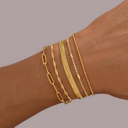 Gold Bracelets for Women, 14K Gold Plated Stackable Bracelet Stack Set Adjustable Charm Paperclip Chain Snake Link Layered Waterproof Jewelry Sets Gifts - style: Bracelets Set /7
