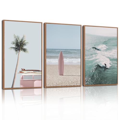 CHDITB Ocean Beach Framed Canvas Wall Art Set, Coastal Surfboard Wall Decor,Summer Coconut Tree Sea Wall Painting, Modern Surfing Art Prints for Living Room, Bedroom, Office- Large Size 24"x36"x3 - color: Beach, size: 24"L x 36"W
