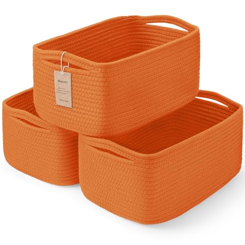 3-Pack Small Storage Baskets for Organizing | Woven Shelf Toy Basket | Rope Baskets for Gifts Empty | Closet Organizer Bins with Handles | Cube Decorative Box | 11.8×7.8×5.1” | Orange - color: Orange, size: 11.8"L×7.8"W×5.1"H
