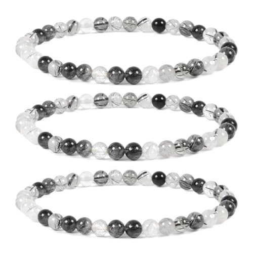 Justinstones Gem Semi Precious Gemstone 3pcs 4mm Round Beads Stretch Bracelet 6.5 Inch Unisex - color: Black Rutilated Quartz