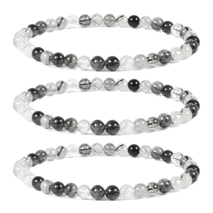 Justinstones Gem Semi Precious Gemstone 3pcs 4mm Round Beads Stretch Bracelet 6.5 Inch Unisex - color: Black Rutilated Quartz