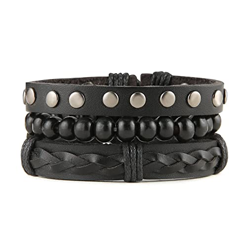HZMAN Wrap Bracelets Men Women, Hemp Cords Wood Beads Ethnic Tribal Bracelets, Leather Wristbands - style: Wooden bead style 6