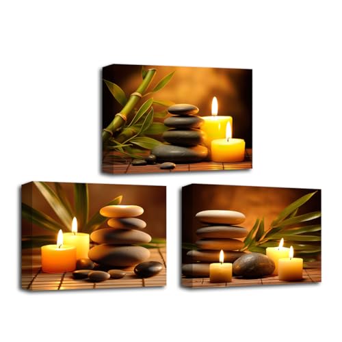 CXHOSTENT Zen Canvas Wall Art Set of 3 Zen Stones Candles and Bamboo Picture Prints Spa Massage Treatment Painting for Bedroom Bathroom Decor (Zen-1, 20.00"x28.00"x3P) - color: Zen-1, size: 20.00"x28.00"x3P