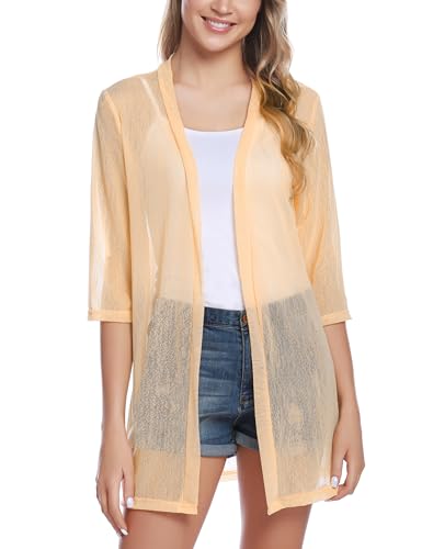 iClosam Women Casual 3/4 Sleeve Sheer Open Front Cardigan Sweater Kimono - color: Beige, size: Large
