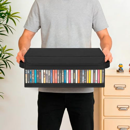 Home CD Storage Case Organizer Bag for Cassette CD, Portable and Large Capacity with Transparent Cover Carrying Handles and Zipper, Black (Black-Side Window, 2 Pack) - size: 2 Pack