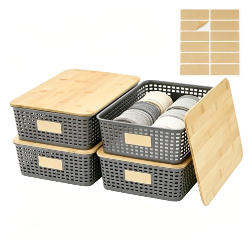 Bagnizer 4 Pack Plastic Storage Bins with Bamboo Lids, 6.2qt Stackable Storage Organizer Box with Lable for Pantry Shelves Drawers Desktop Office, 12"L x 8.3"W x 3.5"H, Gray - color: Gray, size: Shallow- 4 Pack