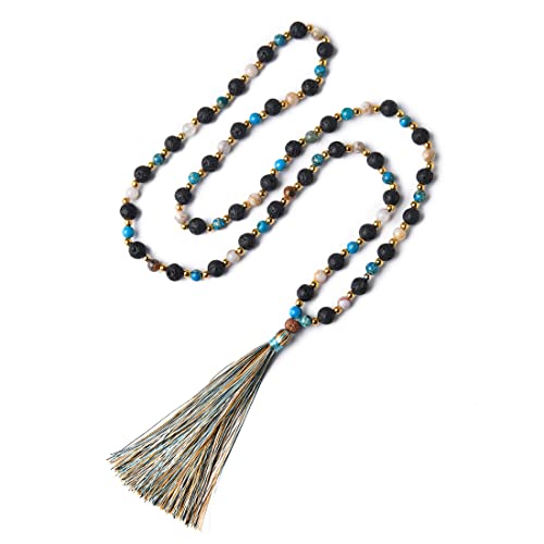 YGLINE Chakra 108 Mala Beads Bracelet Real Healing Gemstone Yoga Meditation Hand Knotted Mala Prayer Bead Necklace - color: Lava Stone
