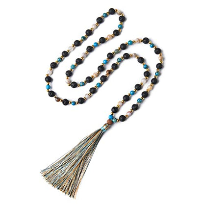 YGLINE Chakra 108 Mala Beads Bracelet Real Healing Gemstone Yoga Meditation Hand Knotted Mala Prayer Bead Necklace - color: Lava Stone