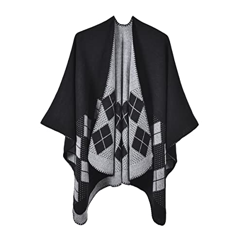 Shawl Wraps for Women, Elegant Knitted Cape Open Front Poncho Scarf Blanket Cardigan Coat for Spring, Autumn, and Winter - color: Black White