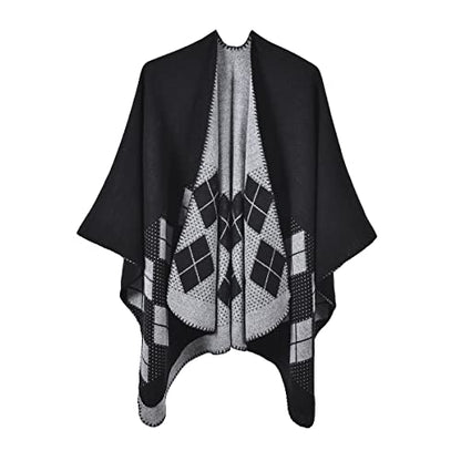 Shawl Wraps for Women, Elegant Knitted Cape Open Front Poncho Scarf Blanket Cardigan Coat for Spring, Autumn, and Winter - color: Black White
