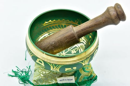 3.75" Tibetan Meditation Yoga Singing Bowl Green Set with free Wooden Mallet and Silk Cushion from Nepal, Singing bowls. (Green) - color: Green