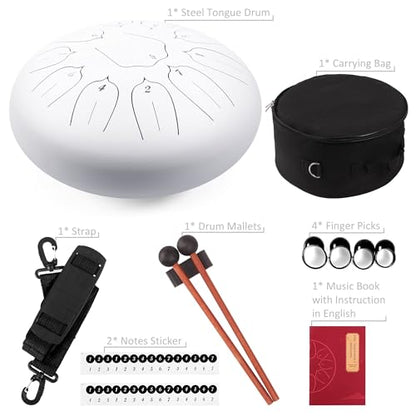 Steel Tongue Drum 12 Inch 11 Notes for Adults - Ethereal Metal Instrument for Meditation & Yoga with Music Book, Mallets & Carry Bag (White) - color: White