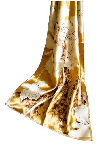 100% Mulberry Silk Oversized Women’s Sun-Shielding Shawl Formal Evening Neckwear Featherlight Airy - color: N19-golden Floral Wrap（69" X 21"inch）
