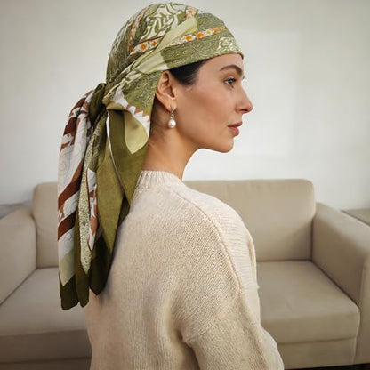 35" Head Scarf Large Square Scarf Like Cotton Hairscarf Fashion Scarves Bandana Night Sleeping Wraps for Women B01 - color: Army Green Floral Scrolls