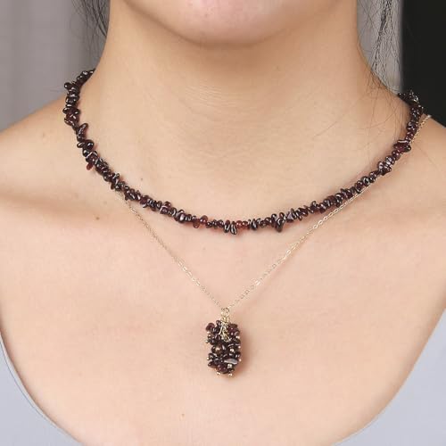 2Pcs Crystal Necklace for Women Handmade Choker Necklaces Pendant Necklace Natural Stone Gemstone Beaded Necklace 18k Gold Plated Adjustable Dainty Necklace for Women - color: Garnet