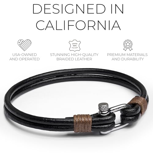 Elegatto Helix Premium Vintage Leather Bracelet for Men | Double Black Leather Strands with Sterling Silver Polished Mini Shackle Closure | Men’s Designer Jewelry