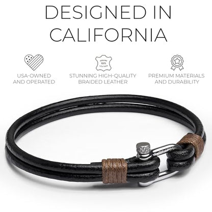 Elegatto Helix Premium Vintage Leather Bracelet for Men | Double Black Leather Strands with Sterling Silver Polished Mini Shackle Closure | Men’s Designer Jewelry