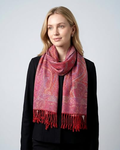 Achillea Reversible Paisley Pashmina Rave Scarf – Exotic Indian Shawls and Wraps for Evening Dresses, Festivals, All Seasons - color: Tapestry Red