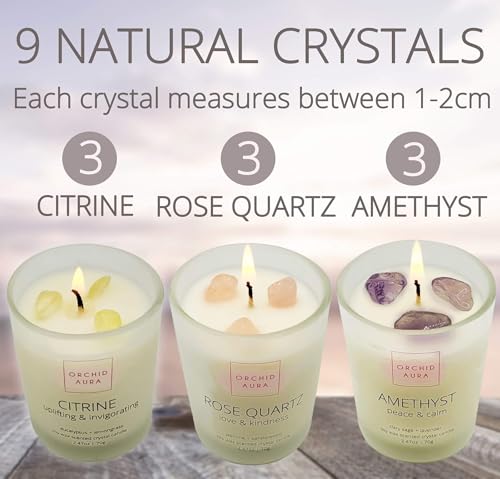 Soy Candles with Healing Crystals. Citrine, Rose Quartz, Amethyst Crystal. Eucalyptus + Lemongrass, Jasmine + Sandalwood, Clary Sage + Lavender. 3PC Scented Crystal Candle Set, 2.47oz Each