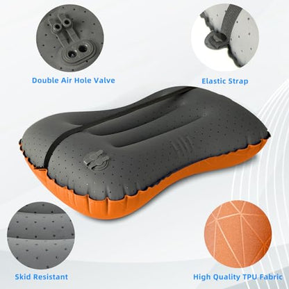Crisonky Camping Pillow - Inflatable Pillow - Travel Pillows for Backpacking & Airplane, Lumbar Support 2.0 Blow Up Pillows, Ultralight Compressible, Comfortable, Ergonomic Pillow