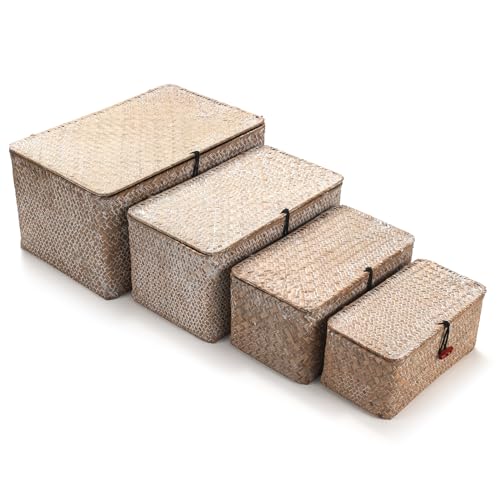 4 Pack, Wicker Baskets with Lids, Nautral Seagrass Storage Baskets, Woven Rectangular Basket Bins, Rattan Storage Organizer for Shelf (Whitewashed, Set of 4) - color: Whitewashed, size: Set of 4