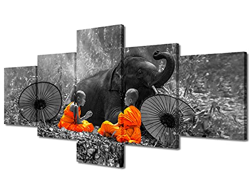 Wall Decorations for Living Room Thailand Elephant Home Decor Black and White Wall Art Thai Buddhist monks Bedroom Decor 5 Piece Bathroom Decor Wall Art Artwork Framed Ready to Hang (50''Wx 24''H) - color: Artwork-06, size: 50''Wx24''H
