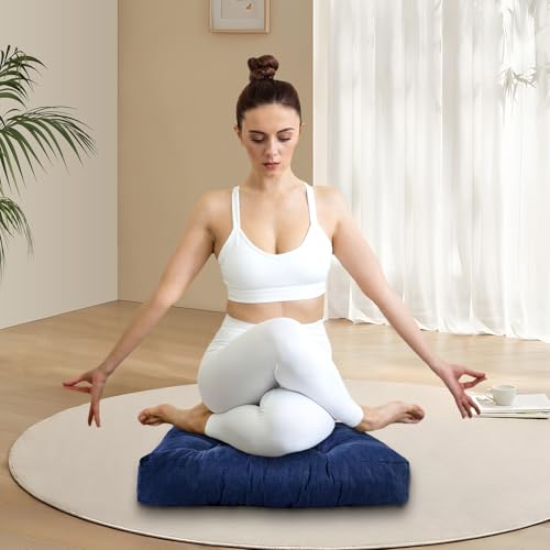 Meditation Floor Cushions, Thickened Floor Pillow for Adults, Large Square Pillows Seat Cushion for Tatami Living Room Yoga, Memory Sponge Block Added, 22x22 Inch, Drak Blue