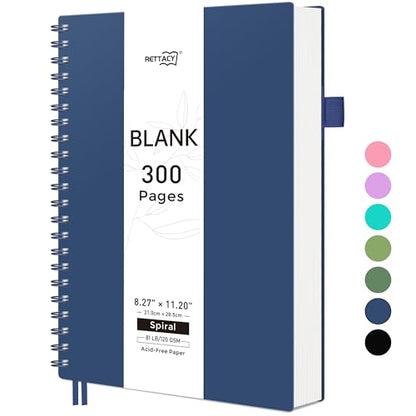 RETTACY Blank Journal Notebook, 300 Pages, A4 Large Size (8.2'' x 11.2''), 120 GSM Thick Paper, Flexible Plastic Cover, Spiral-bound, for Sketching, Drawing, Painting (Navy Blue) - color: Navy Blue
